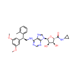 COc1cc(OC)cc([C@H](CNc2ncnc3c2ncn3[C@H]2O[C@H](C(=O)NC3CC3)[C@@H](O)[C@H]2O)c2ccccc2C)c1 ZINC000049766946
