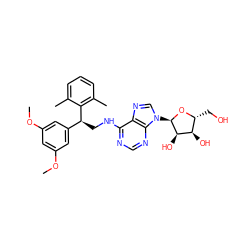 COc1cc(OC)cc([C@H](CNc2ncnc3c2ncn3[C@H]2O[C@H](CO)[C@@H](O)[C@H]2O)c2c(C)cccc2C)c1 ZINC000049771342