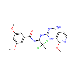 COc1cc(OC)cc(C(=O)N[C@@H](N/C(=N/C#N)Nc2cccnc2OC)C(C)(Cl)Cl)c1 ZINC000040950046