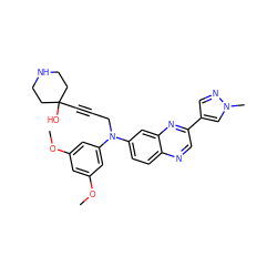 COc1cc(OC)cc(N(CC#CC2(O)CCNCC2)c2ccc3ncc(-c4cnn(C)c4)nc3c2)c1 ZINC000219379315