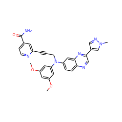 COc1cc(OC)cc(N(CC#Cc2cc(C(N)=O)ccn2)c2ccc3ncc(-c4cnn(C)c4)nc3c2)c1 ZINC000219357803