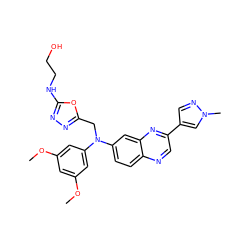 COc1cc(OC)cc(N(Cc2nnc(NCCO)o2)c2ccc3ncc(-c4cnn(C)c4)nc3c2)c1 ZINC000219358763