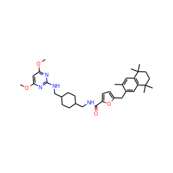 COc1cc(OC)nc(NCC2CCC(CNC(=O)c3ccc(Cc4cc5c(cc4C)C(C)(C)CCC5(C)C)o3)CC2)n1 ZINC000027186571