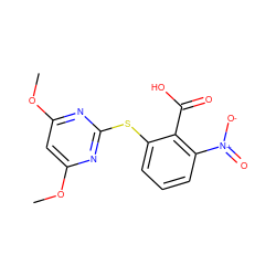 COc1cc(OC)nc(Sc2cccc([N+](=O)[O-])c2C(=O)O)n1 ZINC000103198979