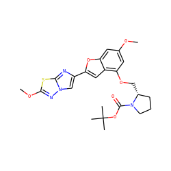 COc1cc(OC[C@@H]2CCCN2C(=O)OC(C)(C)C)c2cc(-c3cn4nc(OC)sc4n3)oc2c1 ZINC000653775387