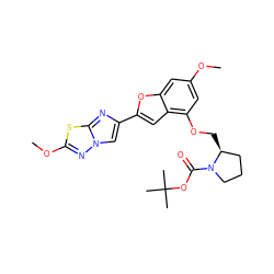 COc1cc(OC[C@H]2CCCN2C(=O)OC(C)(C)C)c2cc(-c3cn4nc(OC)sc4n3)oc2c1 ZINC000653775388