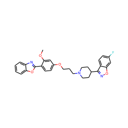 COc1cc(OCCCN2CCC(c3noc4cc(F)ccc34)CC2)ccc1-c1nc2ccccc2o1 ZINC000473155226