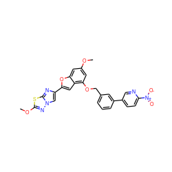 COc1cc(OCc2cccc(-c3ccc([N+](=O)[O-])nc3)c2)c2cc(-c3cn4nc(OC)sc4n3)oc2c1 ZINC000205762820