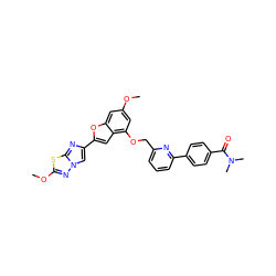 COc1cc(OCc2cccc(-c3ccc(C(=O)N(C)C)cc3)n2)c2cc(-c3cn4nc(OC)sc4n3)oc2c1 ZINC000144519627