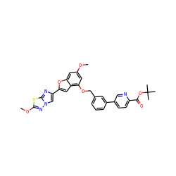 COc1cc(OCc2cccc(-c3ccc(C(=O)OC(C)(C)C)nc3)c2)c2cc(-c3cn4nc(OC)sc4n3)oc2c1 ZINC000205690050