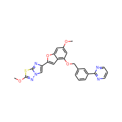 COc1cc(OCc2cccc(-c3ncccn3)c2)c2cc(-c3cn4nc(OC)sc4n3)oc2c1 ZINC000223083608