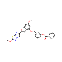 COc1cc(OCc2cccc(OC(=O)c3ccccc3)c2)c2cc(-c3cn4nc(OC)sc4n3)oc2c1 ZINC000653765503