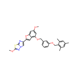 COc1cc(OCc2cccc(OCc3c(C)cc(C)cc3C)c2)c2cc(-c3cn4nc(OC)sc4n3)oc2c1 ZINC000653682405