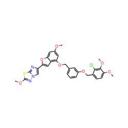 COc1cc(OCc2cccc(OCc3ccc(OC)c(OC)c3Cl)c2)c2cc(-c3cn4nc(OC)sc4n3)oc2c1 ZINC000653769241