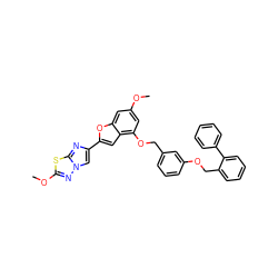 COc1cc(OCc2cccc(OCc3ccccc3-c3ccccc3)c2)c2cc(-c3cn4nc(OC)sc4n3)oc2c1 ZINC000653663054