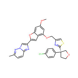 COc1cc(OCc2csc([C@@]3(c4ccc(Cl)cc4)CCOC3)n2)c2cc(-c3cn4nc(C)ccc4n3)oc2c1 ZINC000653684265