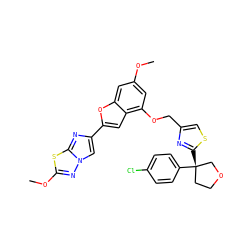 COc1cc(OCc2csc([C@]3(c4ccc(Cl)cc4)CCOC3)n2)c2cc(-c3cn4nc(OC)sc4n3)oc2c1 ZINC000223029255