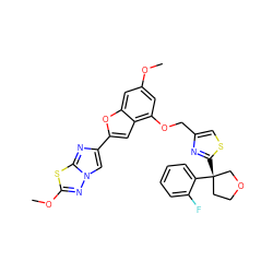 COc1cc(OCc2csc([C@]3(c4ccccc4F)CCOC3)n2)c2cc(-c3cn4nc(OC)sc4n3)oc2c1 ZINC000143349886