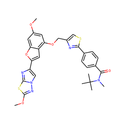 COc1cc(OCc2csc(-c3ccc(C(=O)N(C)C(C)(C)C)cc3)n2)c2cc(-c3cn4nc(OC)sc4n3)oc2c1 ZINC000653677646