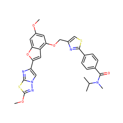 COc1cc(OCc2csc(-c3ccc(C(=O)N(C)C(C)C)cc3)n2)c2cc(-c3cn4nc(OC)sc4n3)oc2c1 ZINC000653667436