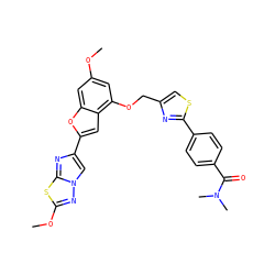 COc1cc(OCc2csc(-c3ccc(C(=O)N(C)C)cc3)n2)c2cc(-c3cn4nc(OC)sc4n3)oc2c1 ZINC000205663568