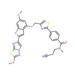 COc1cc(OCc2csc(-c3ccc(C(=O)N(C)CCC#N)cc3)n2)c2cc(-c3cn4nc(OC)sc4n3)oc2c1 ZINC000653667437