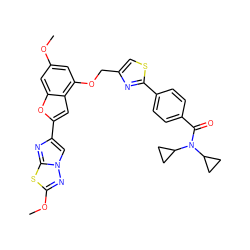 COc1cc(OCc2csc(-c3ccc(C(=O)N(C4CC4)C4CC4)cc3)n2)c2cc(-c3cn4nc(OC)sc4n3)oc2c1 ZINC000653665381