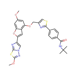 COc1cc(OCc2csc(-c3ccc(C(=O)NC(C)(C)C)cc3)n2)c2cc(-c3cn4nc(OC)sc4n3)oc2c1 ZINC000205670131