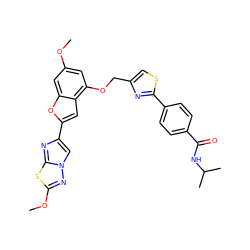 COc1cc(OCc2csc(-c3ccc(C(=O)NC(C)C)cc3)n2)c2cc(-c3cn4nc(OC)sc4n3)oc2c1 ZINC000653670665