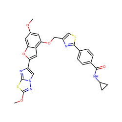 COc1cc(OCc2csc(-c3ccc(C(=O)NC4CC4)cc3)n2)c2cc(-c3cn4nc(OC)sc4n3)oc2c1 ZINC000653665388