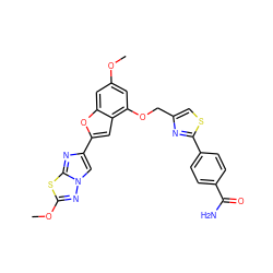 COc1cc(OCc2csc(-c3ccc(C(N)=O)cc3)n2)c2cc(-c3cn4nc(OC)sc4n3)oc2c1 ZINC000143185812