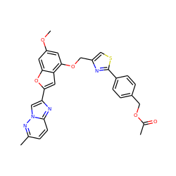 COc1cc(OCc2csc(-c3ccc(COC(C)=O)cc3)n2)c2cc(-c3cn4nc(C)ccc4n3)oc2c1 ZINC000653669355