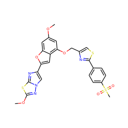 COc1cc(OCc2csc(-c3ccc(S(C)(=O)=O)cc3)n2)c2cc(-c3cn4nc(OC)sc4n3)oc2c1 ZINC000653670648