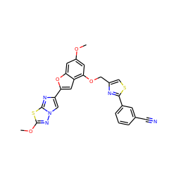 COc1cc(OCc2csc(-c3cccc(C#N)c3)n2)c2cc(-c3cn4nc(OC)sc4n3)oc2c1 ZINC000653662288