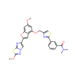 COc1cc(OCc2csc(-c3cccc(C(=O)N(C)C)c3)n2)c2cc(-c3cn4nc(OC)sc4n3)oc2c1 ZINC000653680383