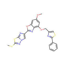 COc1cc(OCc2csc(-c3ccccc3)n2)c2nc(-c3cn4nc(SC)sc4n3)oc2c1 ZINC000223029957