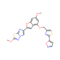 COc1cc(OCc2csc(-c3ccno3)n2)c2cc(-c3cn4nc(OC)sc4n3)oc2c1 ZINC000205722012