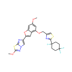 COc1cc(OCc2csc(C3(F)CCC(F)(F)CC3)n2)c2cc(-c3cn4nc(OC)sc4n3)oc2c1 ZINC000205749768