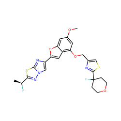 COc1cc(OCc2csc(C3(F)CCOCC3)n2)c2cc(-c3cn4nc([C@H](C)F)sc4n3)oc2c1 ZINC000143358182