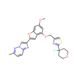 COc1cc(OCc2csc(C3(F)CCOCC3)n2)c2cc(-c3cn4nc(C)ccc4n3)oc2c1 ZINC000223041277