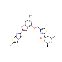 COc1cc(OCc2csc(C3(O)C[C@H](C)O[C@@H](C)C3)n2)c2cc(-c3cn4nc(OC)sc4n3)oc2c1 ZINC000205728981