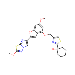 COc1cc(OCc2csc(C3(O)CCCCC3)n2)c2cc(-c3cn4nc(OC)sc4n3)oc2c1 ZINC000205749689