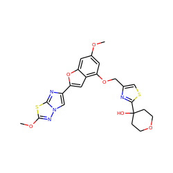 COc1cc(OCc2csc(C3(O)CCOCC3)n2)c2cc(-c3cn4nc(OC)sc4n3)oc2c1 ZINC000205728891