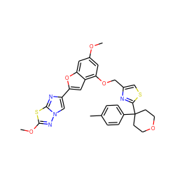 COc1cc(OCc2csc(C3(c4ccc(C)cc4)CCOCC3)n2)c2cc(-c3cn4nc(OC)sc4n3)oc2c1 ZINC000223006856