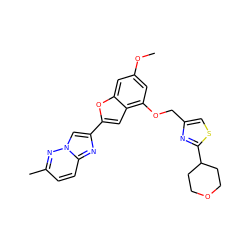 COc1cc(OCc2csc(C3CCOCC3)n2)c2cc(-c3cn4nc(C)ccc4n3)oc2c1 ZINC000653661725