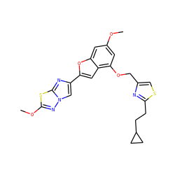 COc1cc(OCc2csc(CCC3CC3)n2)c2cc(-c3cn4nc(OC)sc4n3)oc2c1 ZINC000653685692