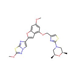 COc1cc(OCc2csc(N3C[C@H](C)O[C@H](C)C3)n2)c2cc(-c3cn4nc(OC)sc4n3)oc2c1 ZINC000653669374