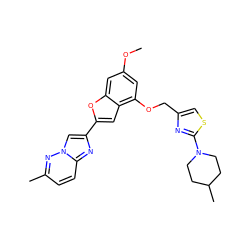 COc1cc(OCc2csc(N3CCC(C)CC3)n2)c2cc(-c3cn4nc(C)ccc4n3)oc2c1 ZINC000653672746