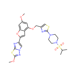 COc1cc(OCc2csc(N3CCN(S(=O)(=O)C(C)C)CC3)n2)c2cc(-c3cn4nc(OC)sc4n3)oc2c1 ZINC000205701935