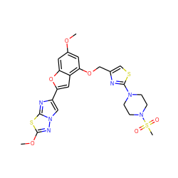 COc1cc(OCc2csc(N3CCN(S(C)(=O)=O)CC3)n2)c2cc(-c3cn4nc(OC)sc4n3)oc2c1 ZINC000205701888